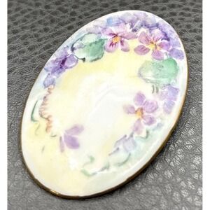 Vintage Porcelain Hand-Painted Artist Signed Purple Violet Pansy Flower Brooch